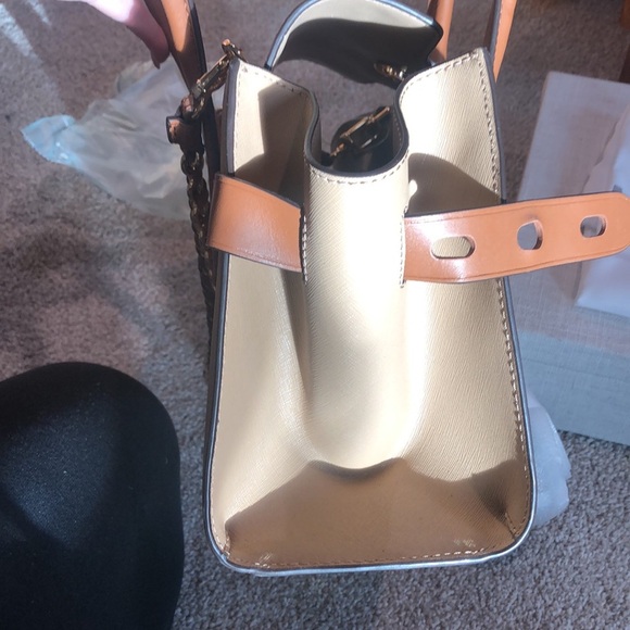 NWT Michael Kors Carmen small flap satchel camel color leather and cream - Picture 10 of 12